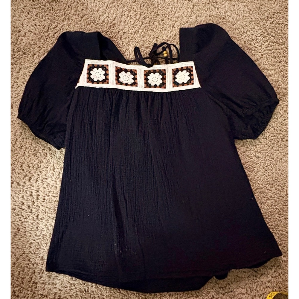 Boho Crochet Floral Granny Square Puff Sleeve Cotton Gauze Blouse Black L/XL